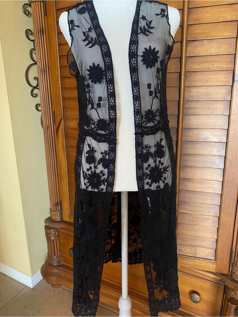 Sheer Floral Lace Long Vest - Black